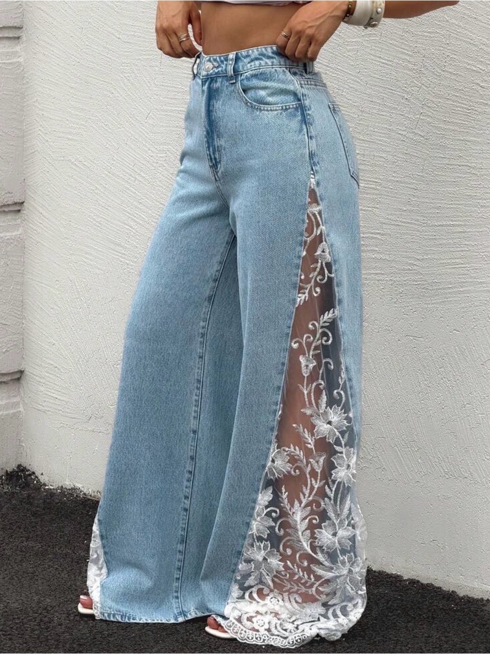 Wide-Leg Light Blue Lace-Panel Jeans